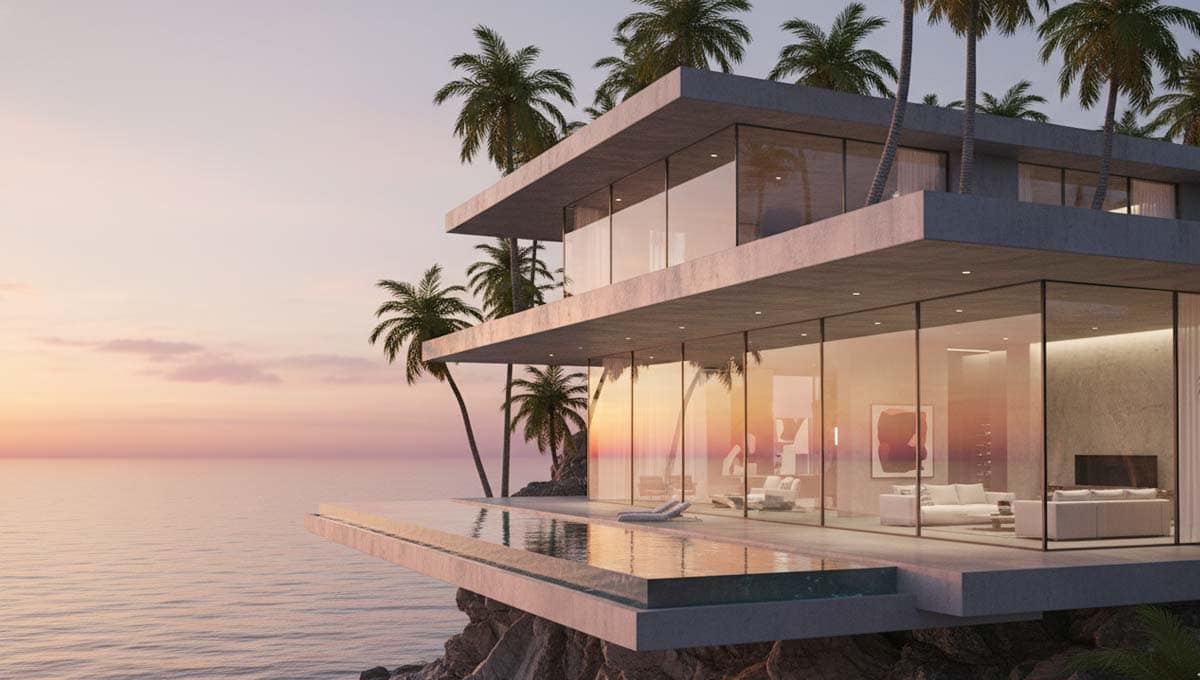 Rendering fotorealistico di una villa moderna minimalista situata su una scogliera all’ora dorata, con grandi vetrate a tutta altezza, pavimenti in cemento lucido, luce calda proveniente dagli interni, circondata da palme, illuminazione cinematografica, materiali ultra-dettagliati, riflessi sul vetro e ombre morbide.