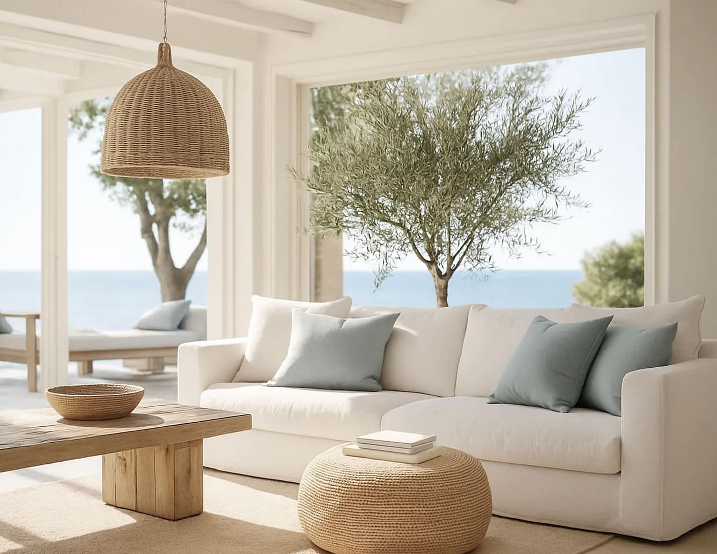 Rendering per Cataloghi per una Living room con divano beige chiaro, cuscini azzurri e vista sull'oceano da grandi finestre luminose.