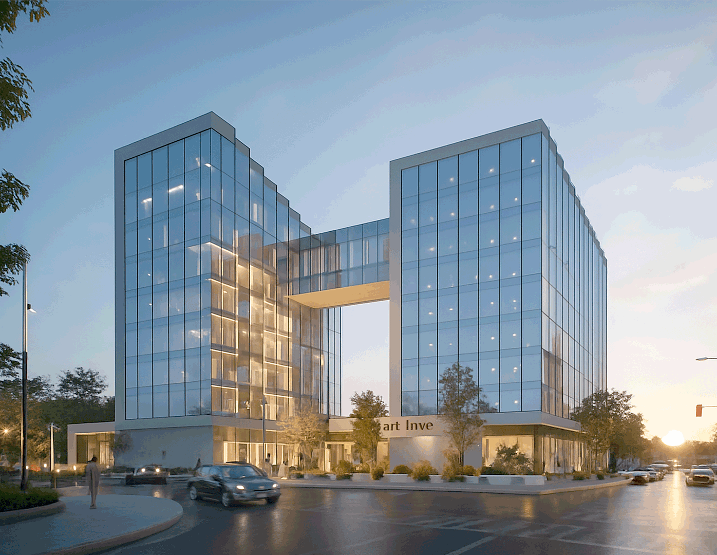 Rendering ufficio moderno con due torri collegate, facciata beige e vetri, su angolo urbano con alberi e auto parcheggiate.