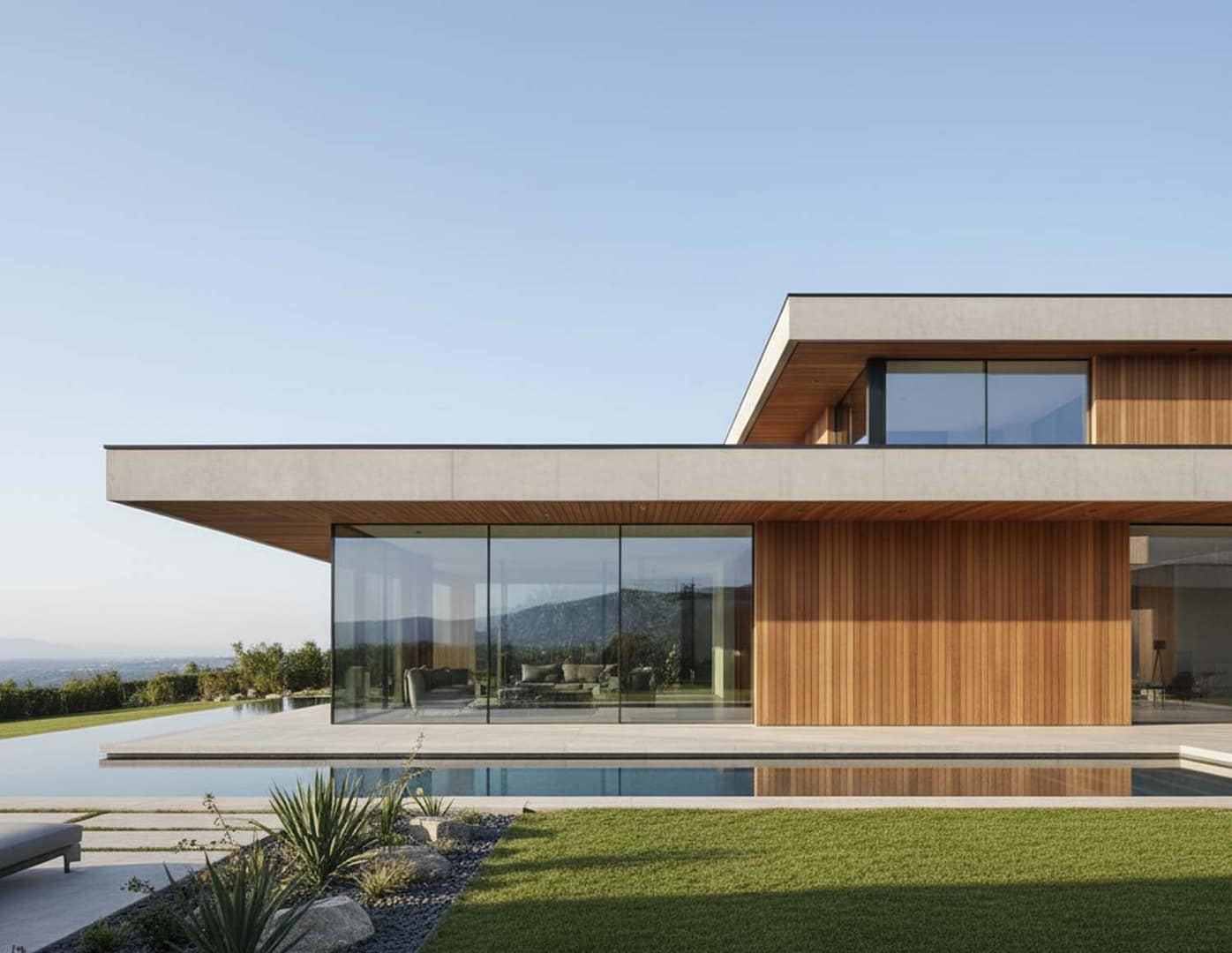Render case moderne, villa minimalista con grandi vetrate, facciata in cemento e legno, piscina a sfioro, giardino con prato verde curato, luce naturale del mattino, cielo limpido, stile fotorealistico, ombre morbide, prospettiva a livello umano.
