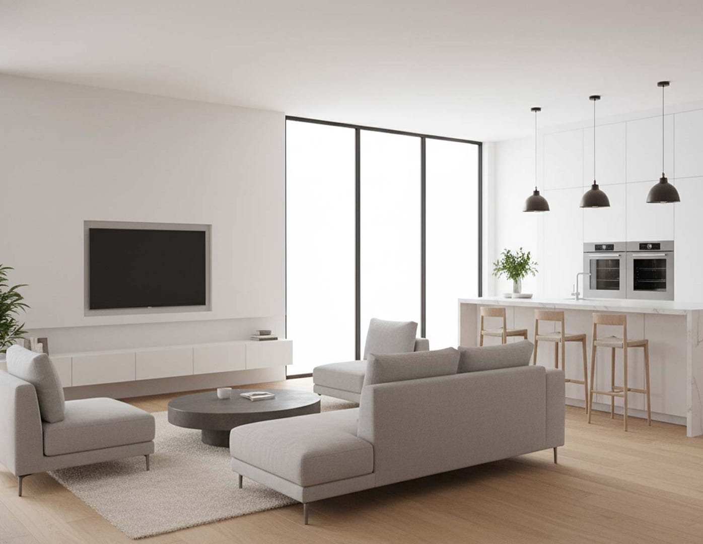 Rendering professionali 3D ultra realistico di soggiorno e cucina open space moderni, arredo minimalista, pavimento in legno, luce naturale, pareti bianche.
