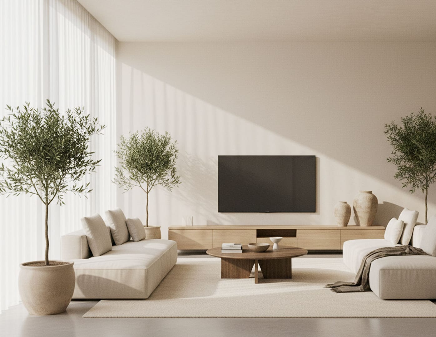 Render interni di un soggiorno moderno, illuminazione naturale morbida, palette di colori neutri e caldi, arredi minimal italiani, ombre realistiche, stile ultra-fotorealistico.