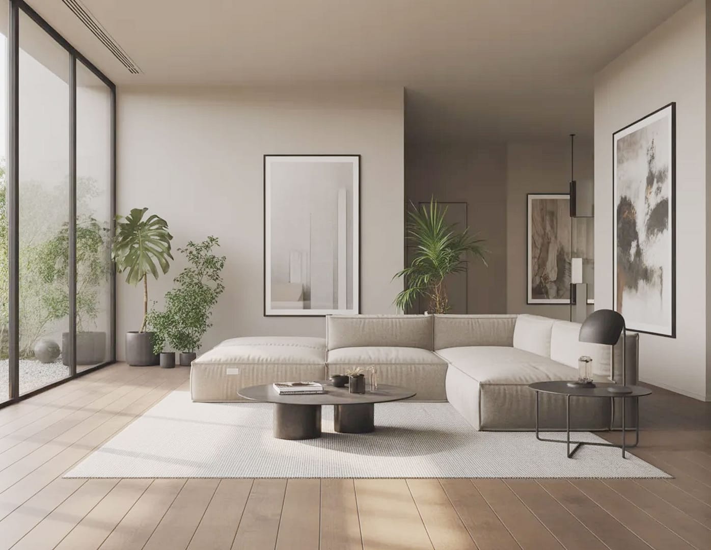 rendering 360 ° di un soggiorno moderno e minimalista con ampie vetrate, parquet e arredi contemporanei.