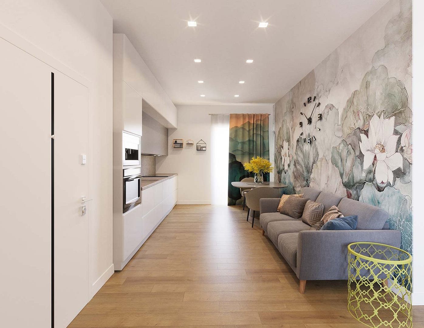 Rendering 3D di un luminoso open space con cucina bianca, divano grigio, carta da parati floreale e dettagli in legno naturale.