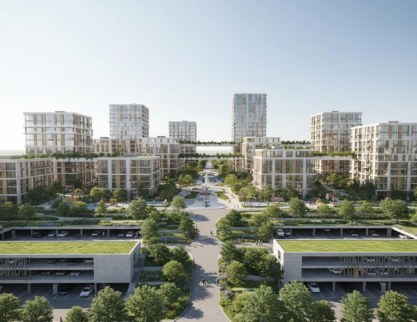 Rendering architettura render 3D realistico di un complesso residenziale moderno con edifici di diverse altezze, strade, aree verdi e parcheggi.