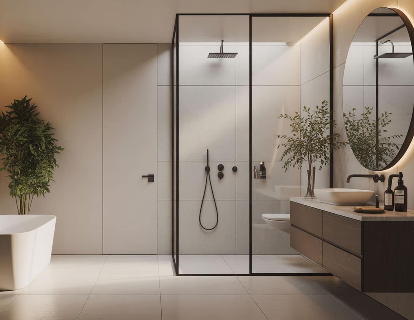 Rendering bagni  moderni e minimalista con linee pulite, toni neutri e finiture di alta qualità. Aggiungi una vasca da bagno freestanding e una doccia walk-in spaziosa, con illuminazione smart e un tocco di verde.
