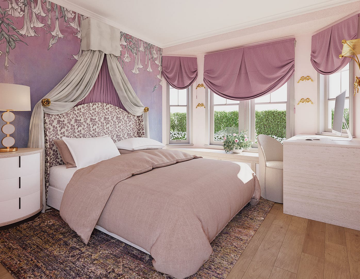 Rendering camere da letto: Camera da letto moderna e minimalista con letto matrimoniale, armadio a parete e atmosfera accogliente.