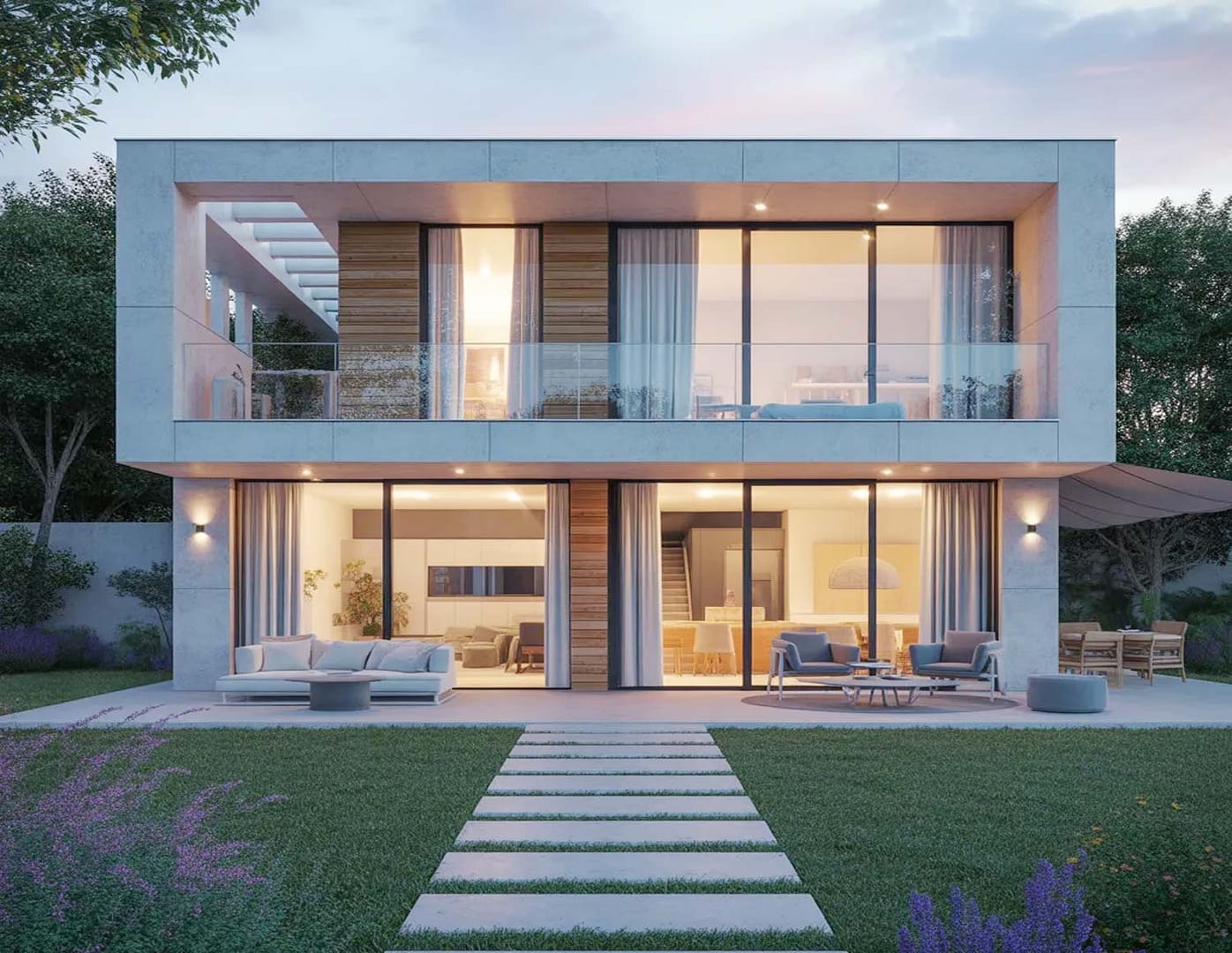 Rendering 3D fotorealistico di una casa moderna a due piani con giardino curato, ampie vetrate e materiali realistici come legno, vetro e cemento, vista esterna al tramonto.
