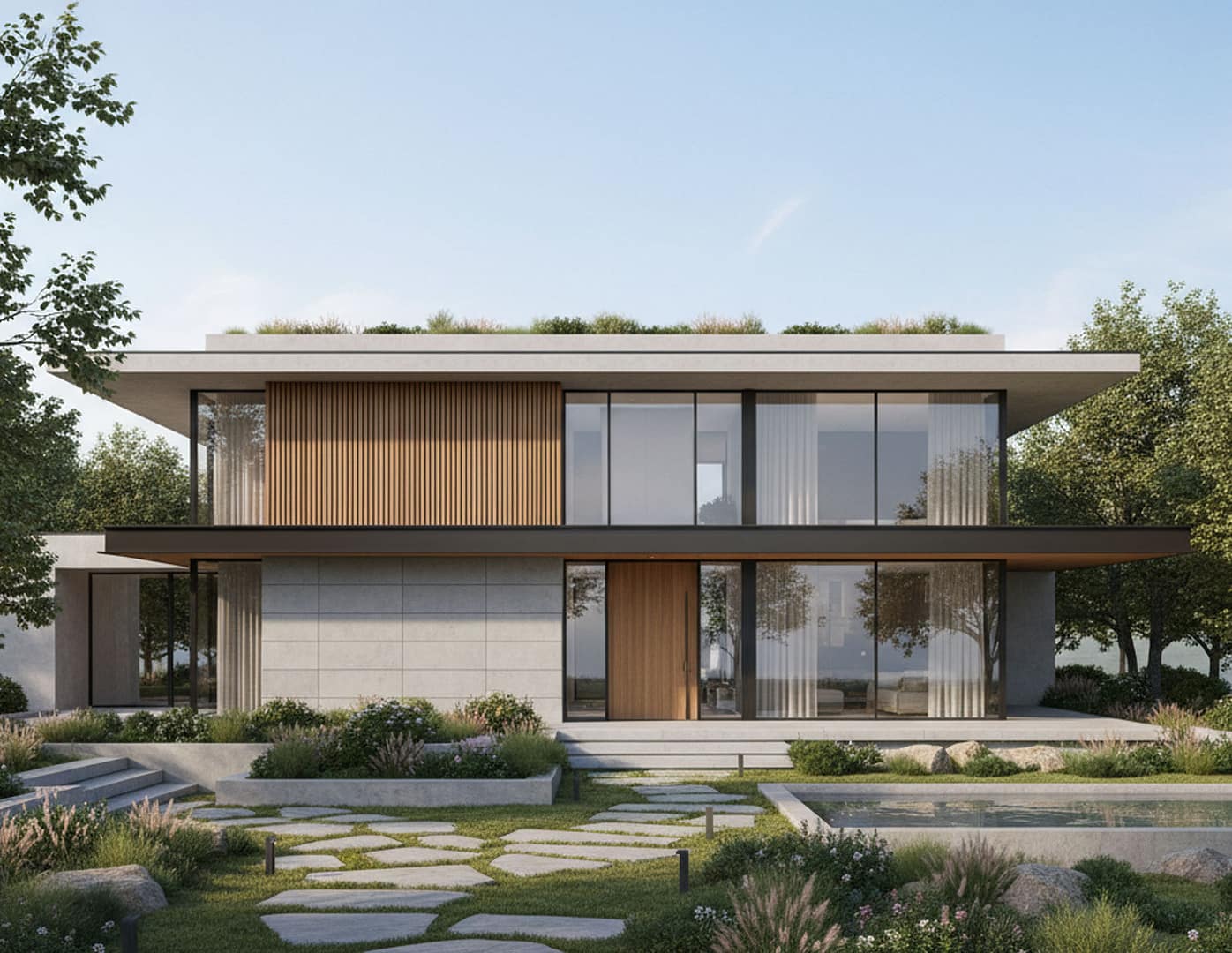 Rendering esterni 3D fotorealistico di casa moderna, giardino, materiali realistici, luce diurna, stile architettonico professionale.