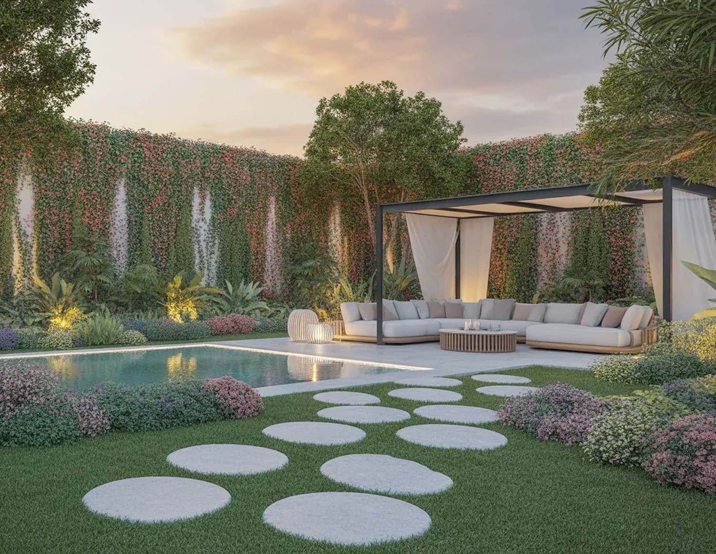 Rendering giardini 3D di un giardino moderno con piante, fiori, un laghetto, sentieri in pietra e una zona lounge al tramonto.