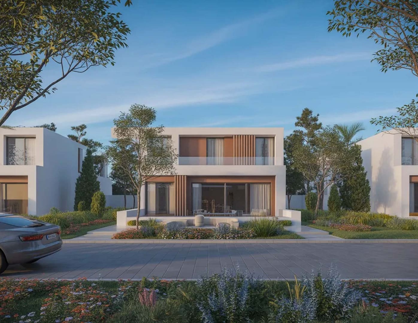 Rendering immobiliare 3D realistico di una casa moderna con giardino curato, vialetto e auto parcheggiata, illuminata dalla luce naturale del giorno.