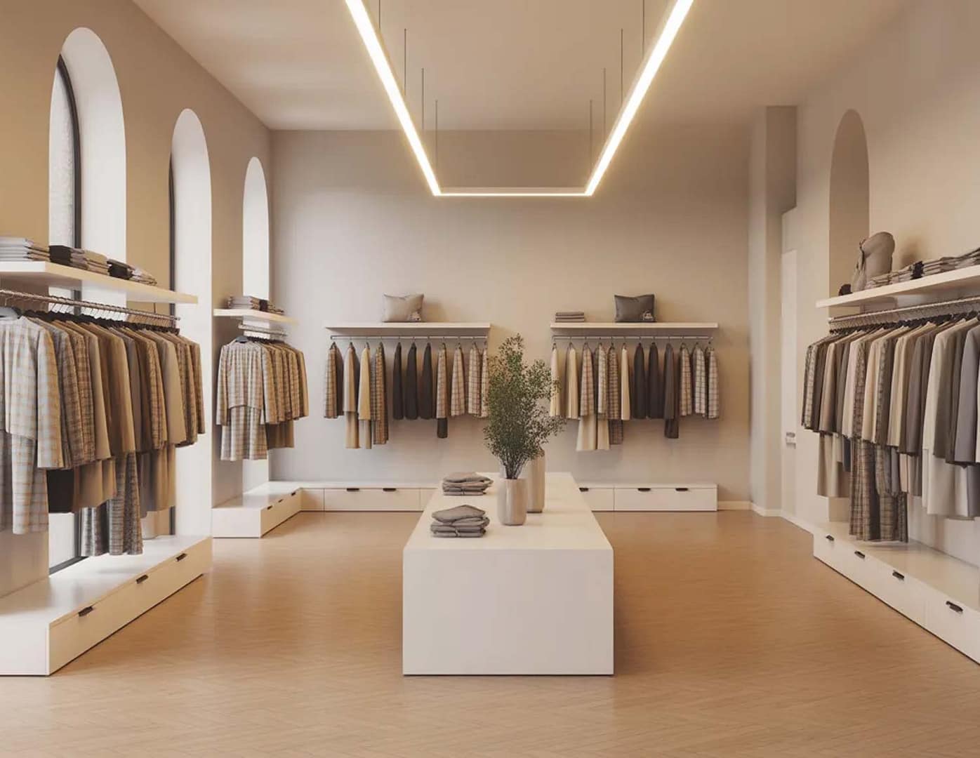 Interno rendering negozio moderno di abbigliamento, luci calde, scaffali ordinati, manichini con vestiti colorati, stile fotorealistico 3D