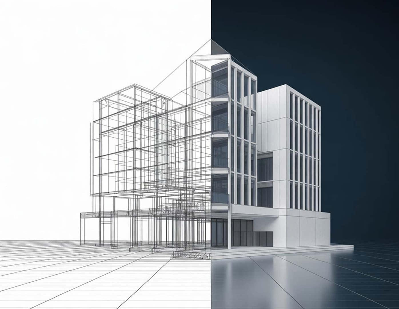 Rendering 3D architettonico che mostra il passaggio da modello tecnico a visualizzazione fotorealistica