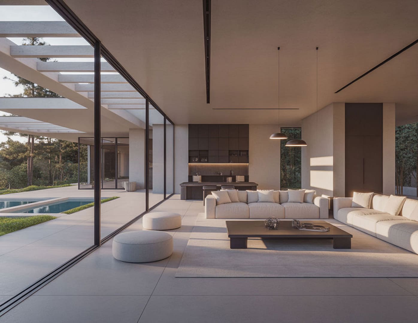 Servizio Rendering architettonico fotorealistico di villa moderna con grandi vetrate e materiali realistici