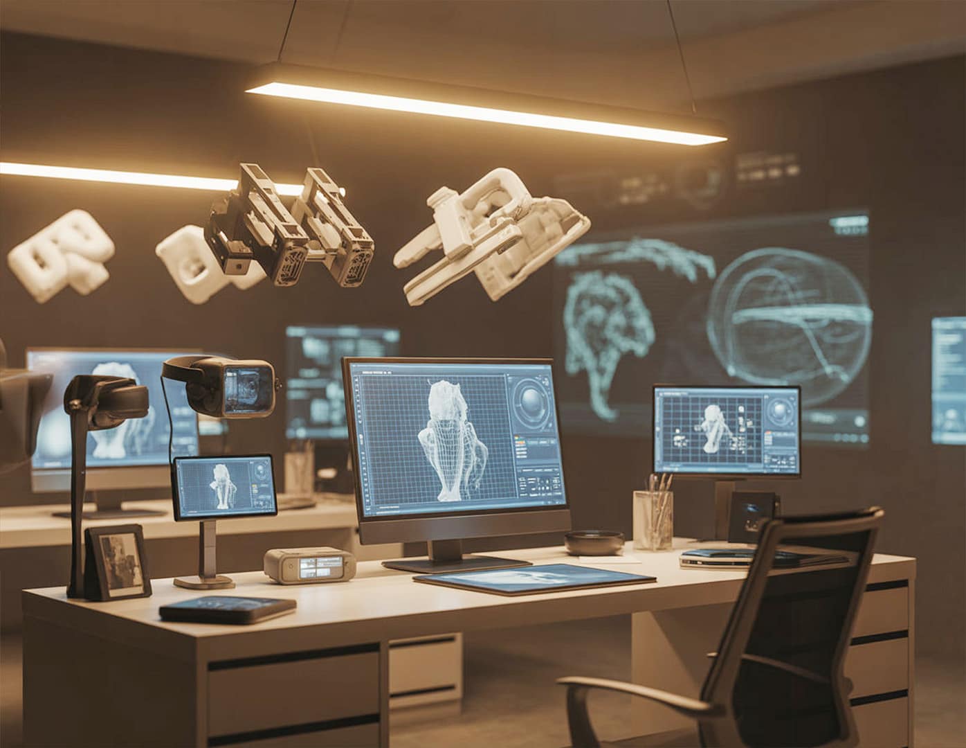 Studio futuristico con attrezzatura digitale avanzata, tra cui realtà virtuale e modelli 3D fluttuanti sopra il tavolo.