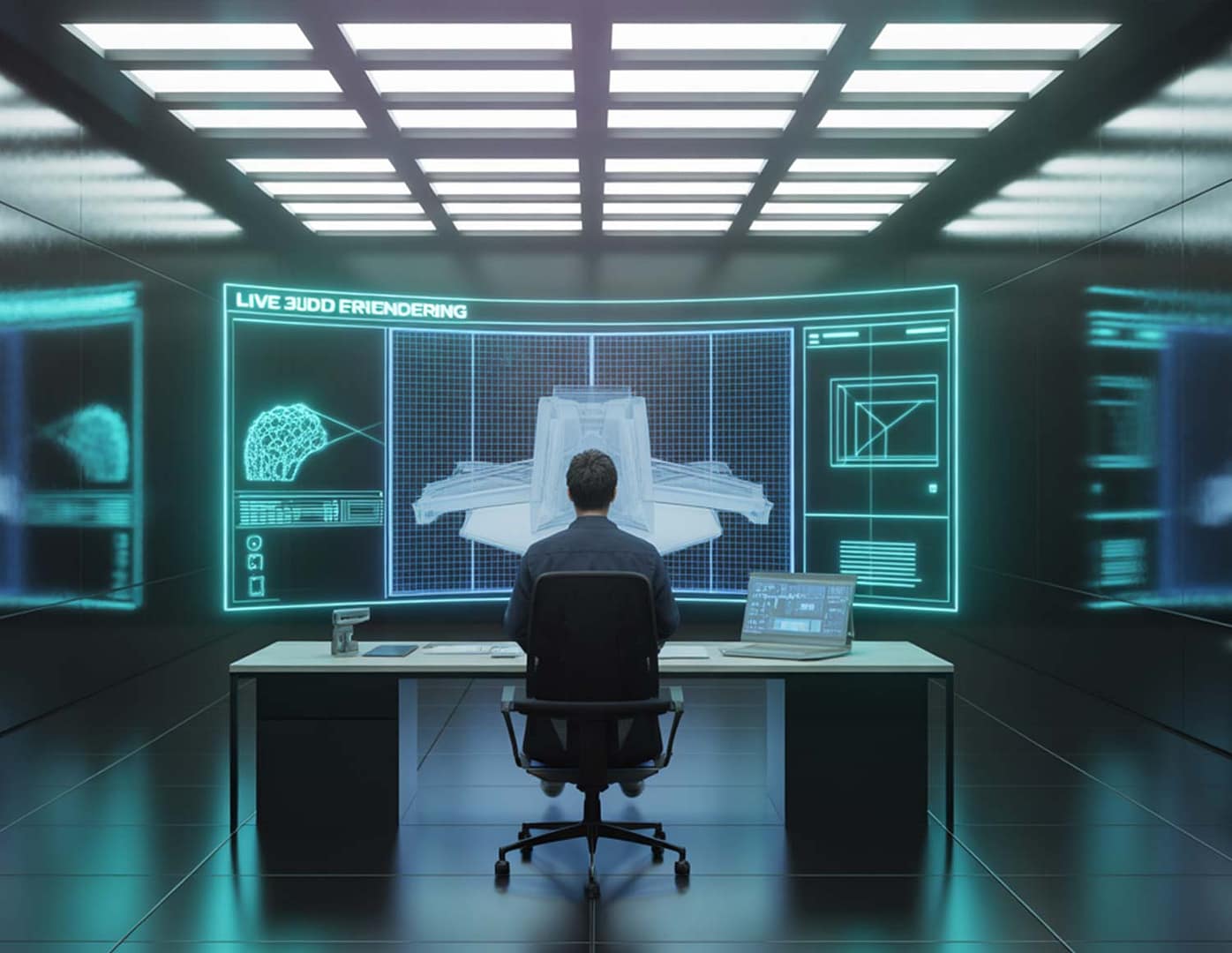 Rendering online - Designer in un ufficio futuristico controlla un rendering online 3D su schermi olografici, in ambiente tecnologico blu e ciano.
