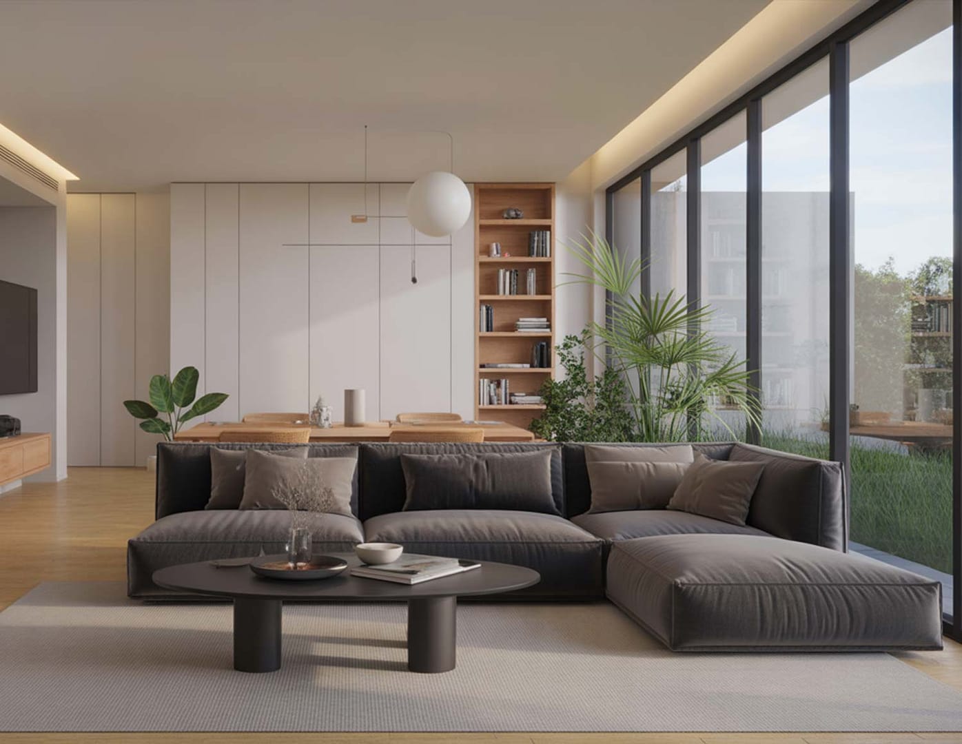 Rendering Soggiorno moderno minimalista con divano grigio, tavolino in legno e luce naturale da grandi finestre.