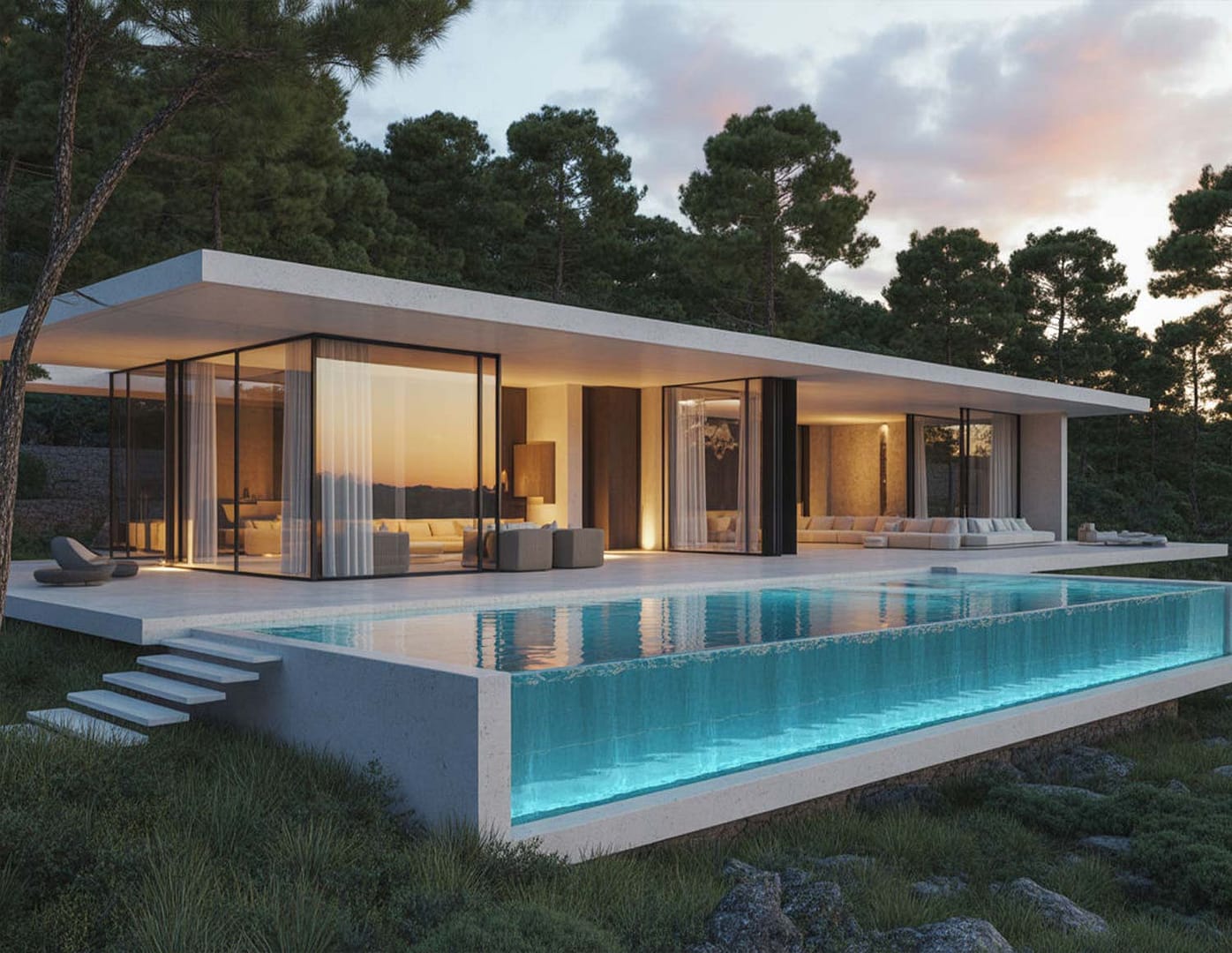 Rendering ville moderne Rendering di una villa moderna minimalista con grandi vetrate nel verde.