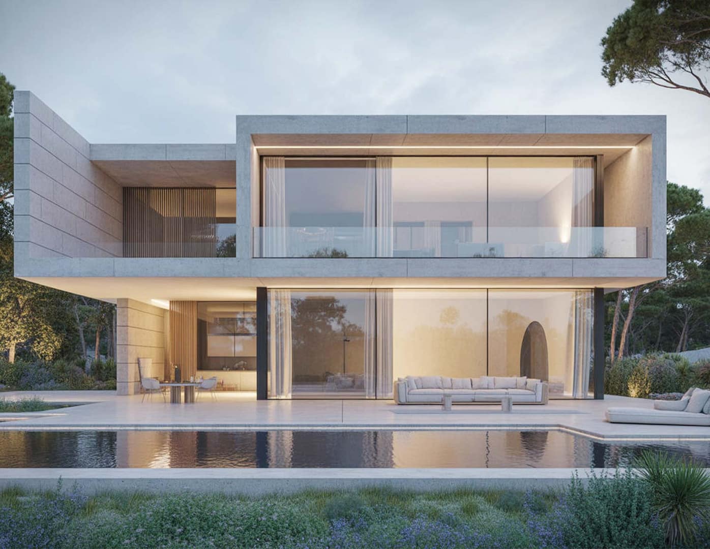 Rendering villa moderna minimalista con ampie vetrate e piscina frontale al tramonto.