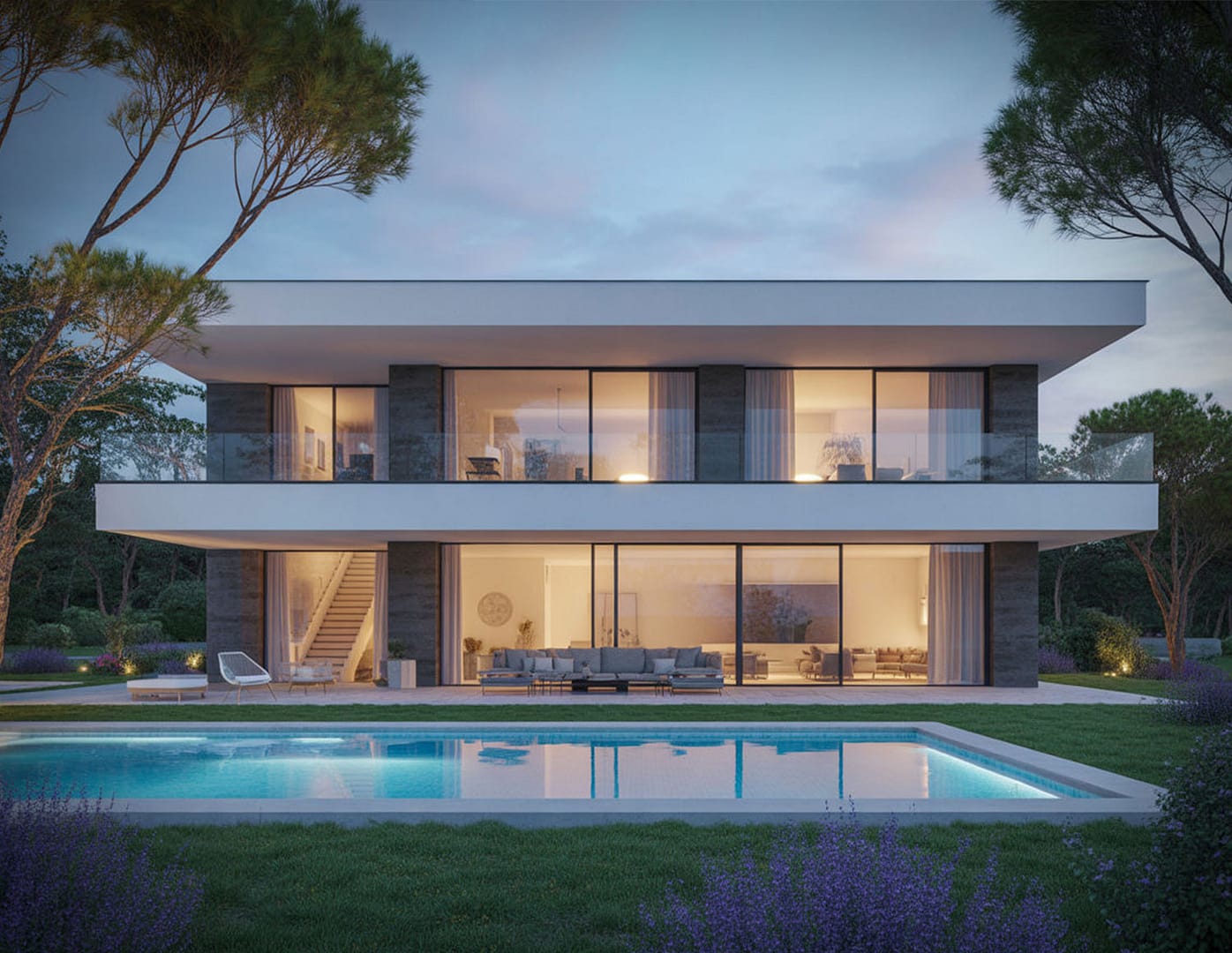 Rendering villette con giardino, piscina e vetrate panoramiche al tramonto